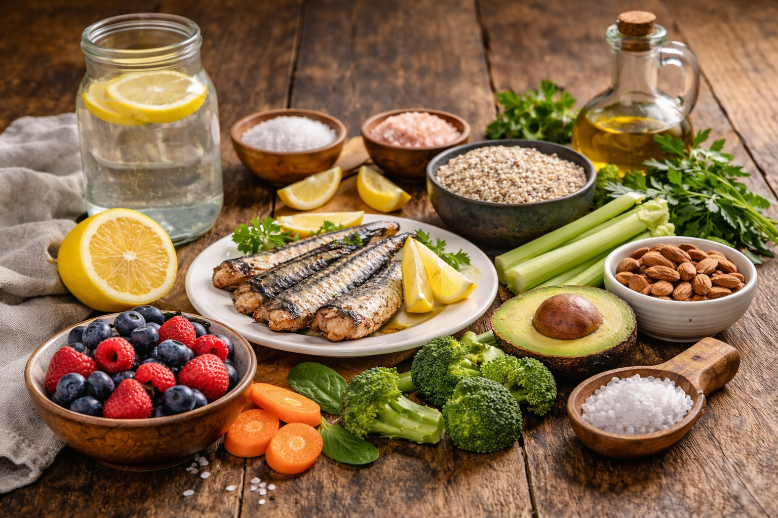 real whole foods for health including sardines fruit vegetables and lemon water