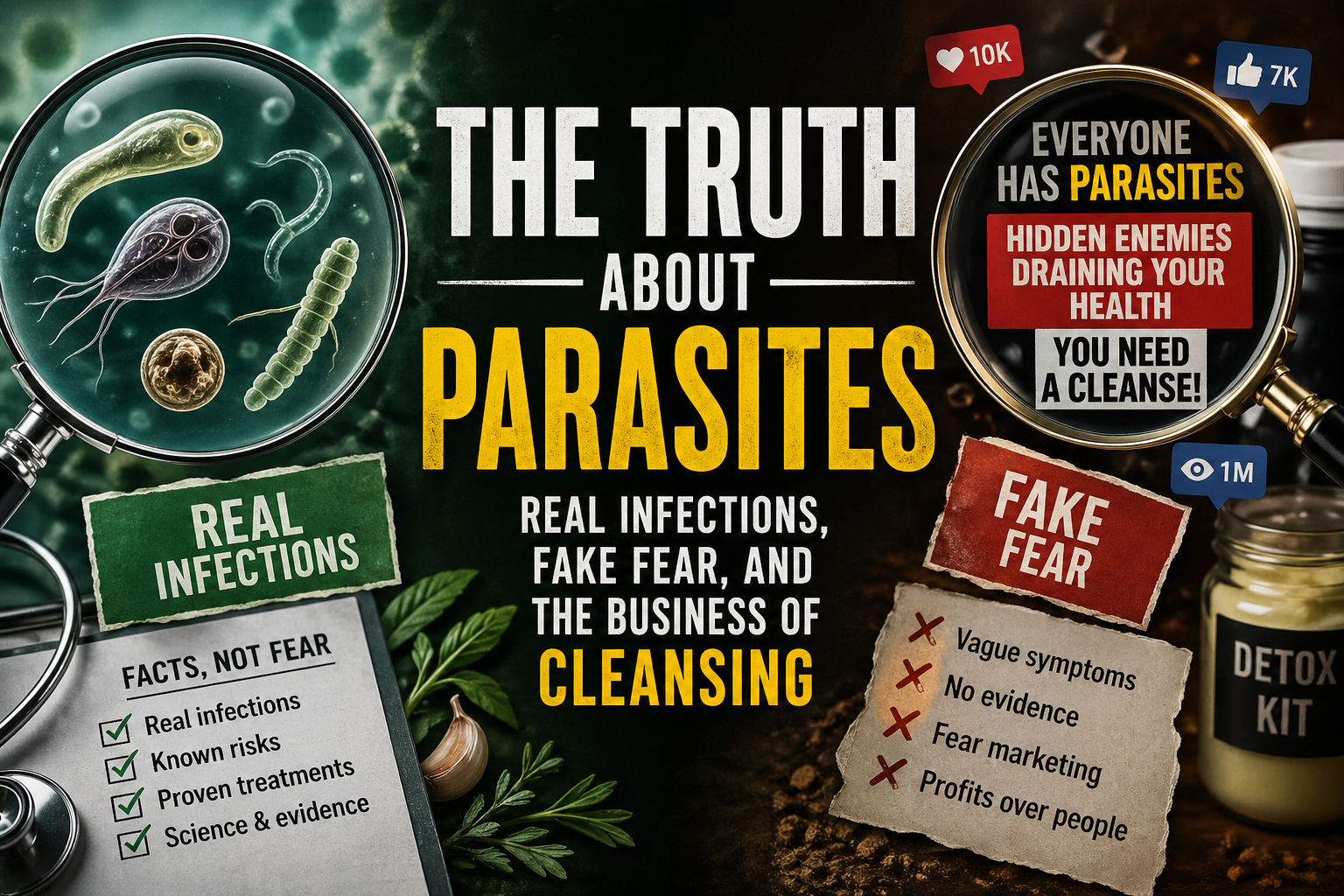Illustration comparing real parasitic infections with parasite cleanse fear marketing for The Truth About Parasites article by Natural Vitality Advocate.