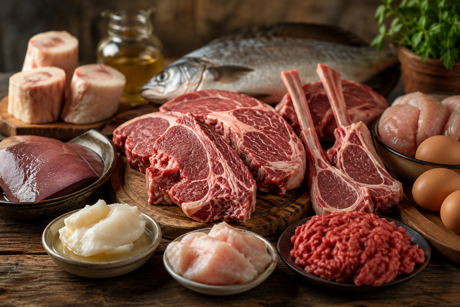 Rustic carnivore diet foods including steaks, eggs, organ meats, fish, and animal-based ingredients representing the modern nutrition and metabolic health debate