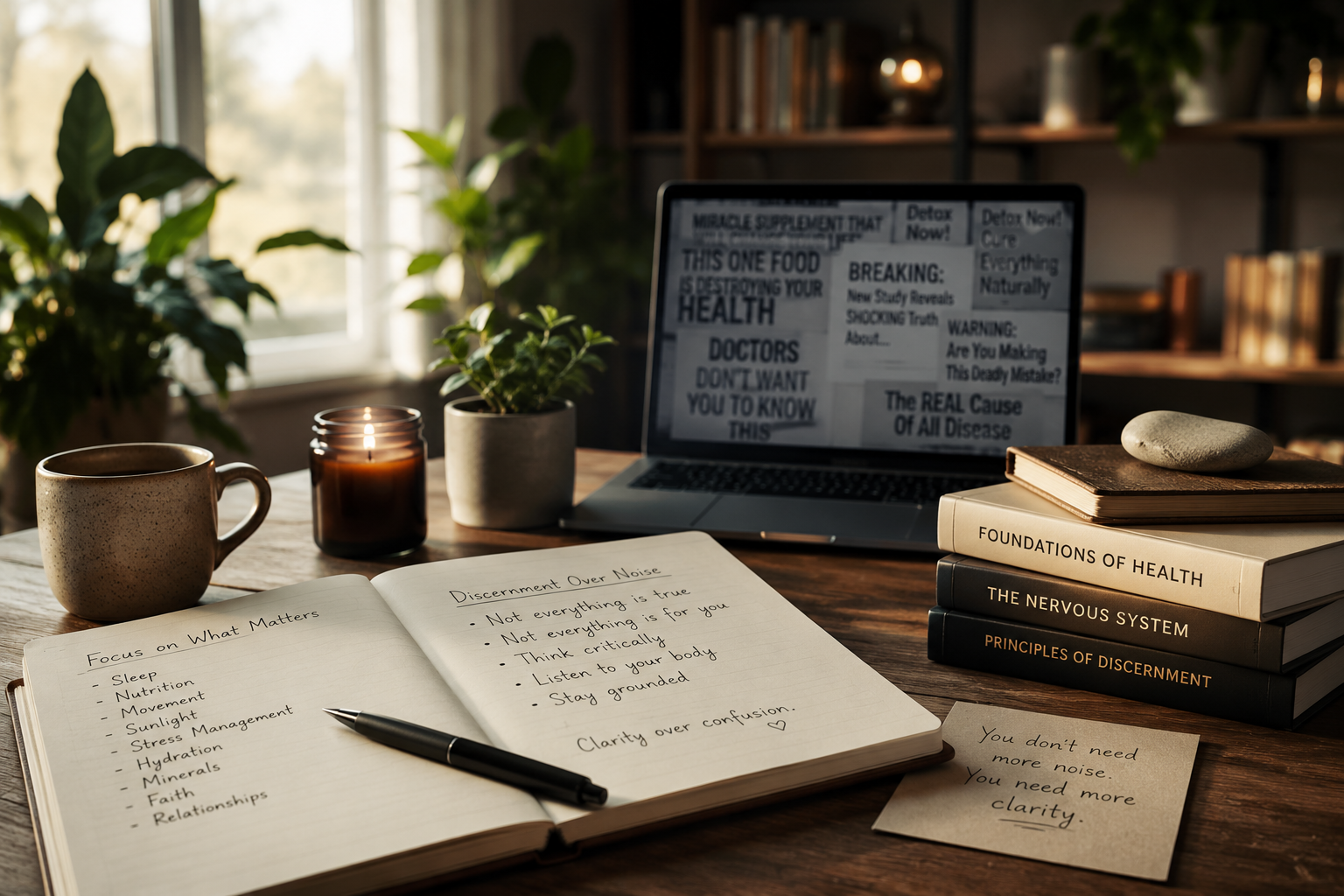 Desk with wellness journals, calming workspace, and blurred health headlines representing clarity in modern wellness culture