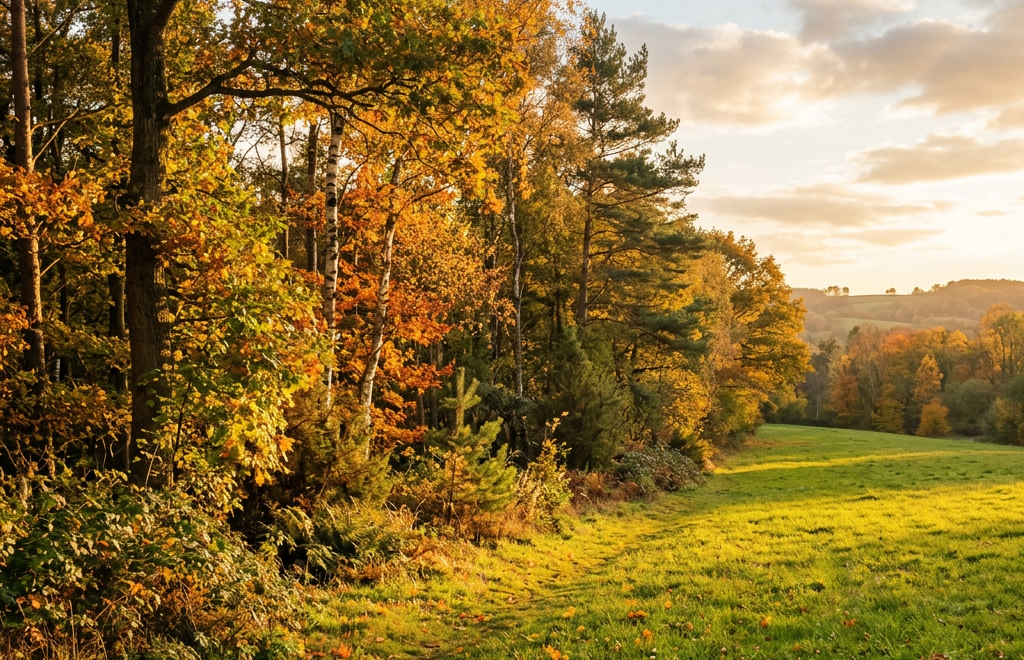Forest edge with autumn foliage next to green grass field under a partly cloudy sky