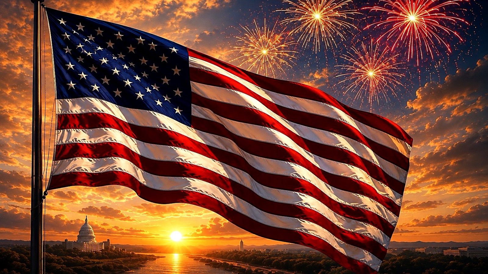 American flag waving at sunset with fireworks and the U.S. Capitol dome in the background, marking America’s 250th anniversary