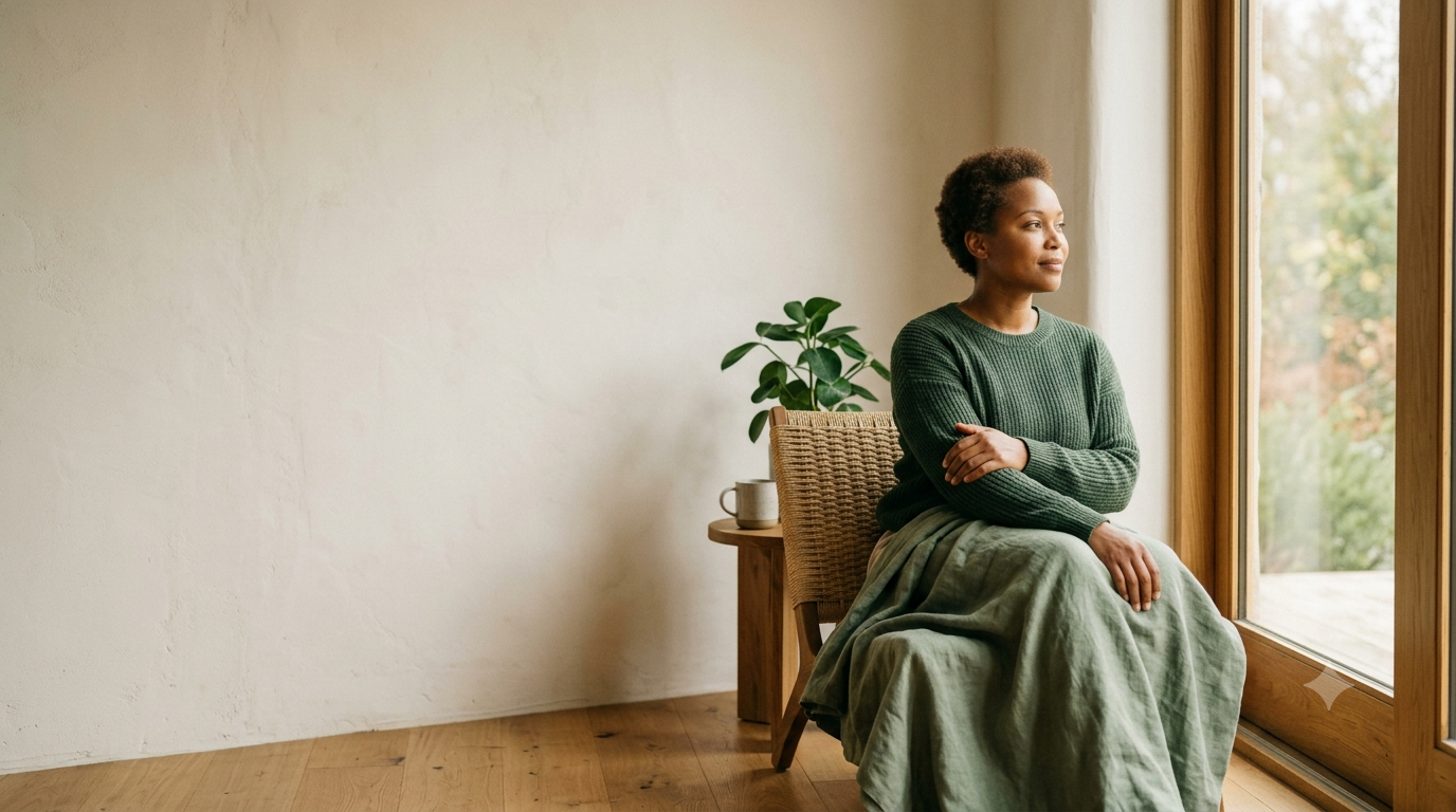 A woman in a green sweater sits calmly by a sunlit window, one hand resting gently on her arm, conveying quiet resilience