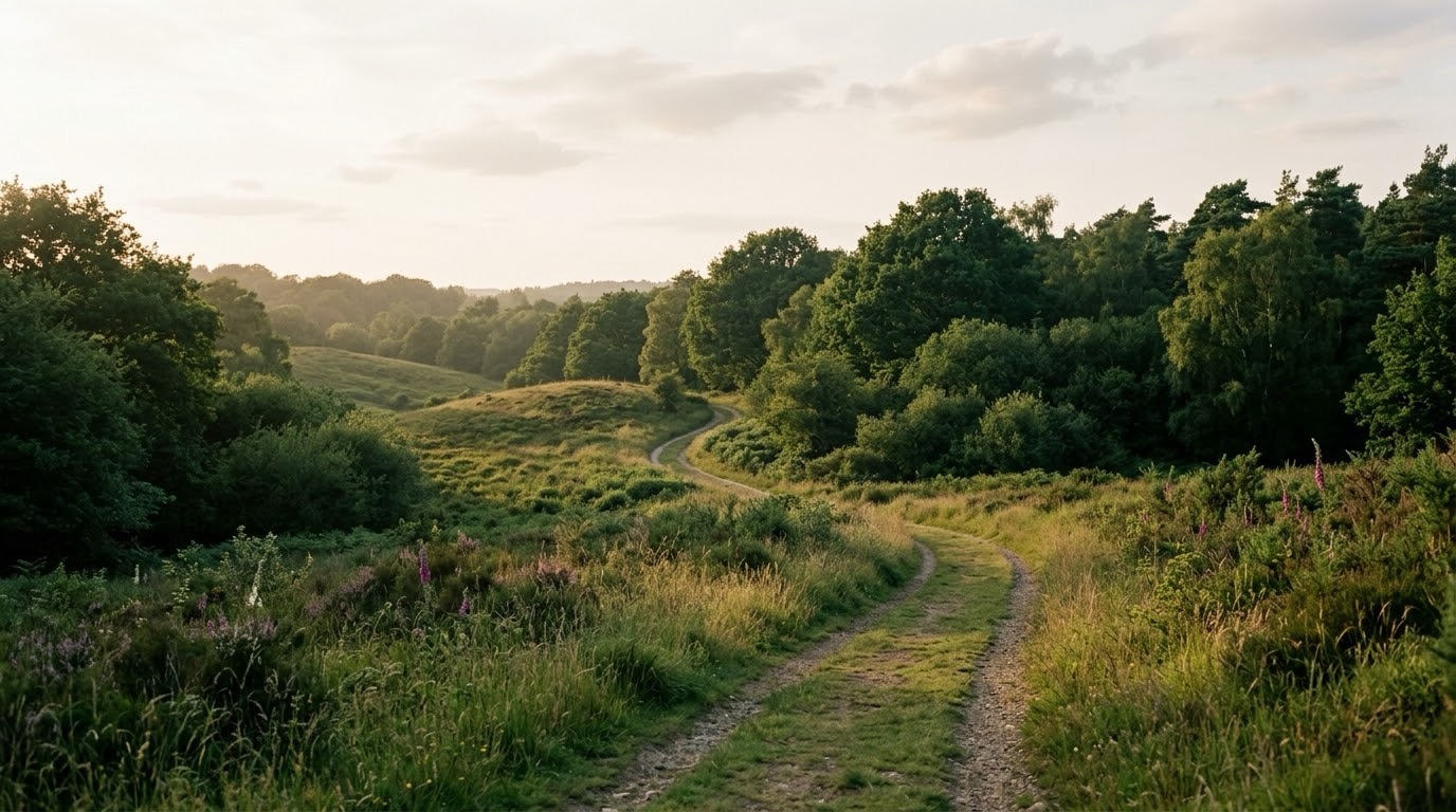 A winding dirt path curves gently through green hills and trees at golden hour, symbolizing the non-linear nature of healing