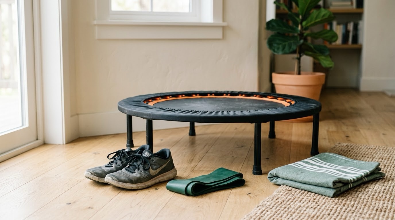 Athletic shoes, a resistance band, and a small rebounder resting on a light wood floor in soft morning light, representing a simple at-home functional fitness routine