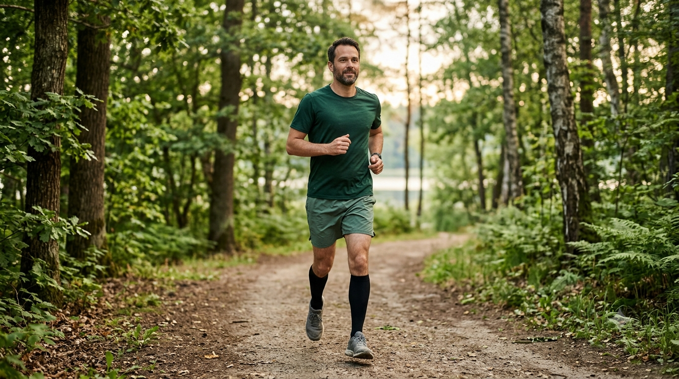 Person jogging at an easy, relaxed pace on a tree-lined path