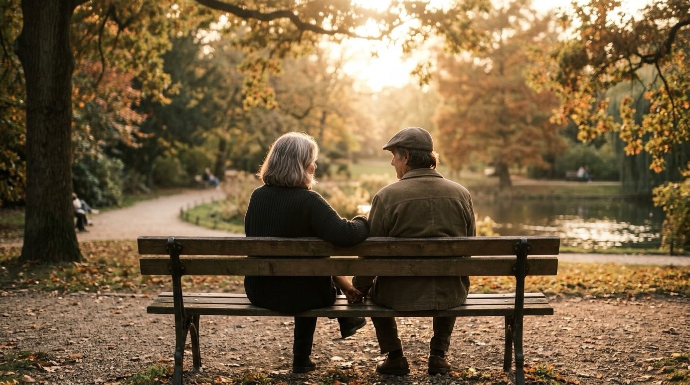 Two people sitting together on a park bench in quiet conversation, warm late-afternoon light