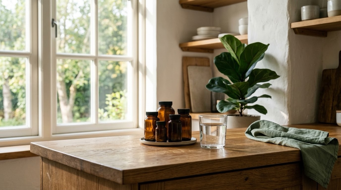 Amber supplement bottles and a glass of water on a wooden kitchen counter in morning light