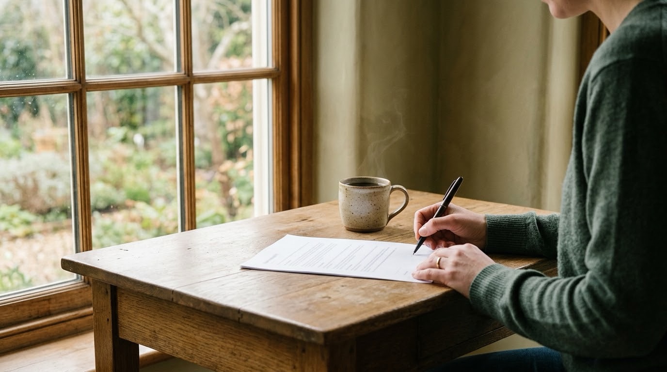 A hand reviewing a document at a wood desk beside a warm cup of coffee in soft natural light