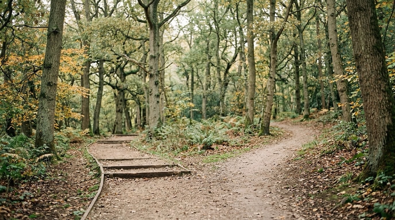 Two slightly different paths diverging through a quiet wooded area in soft overcast light