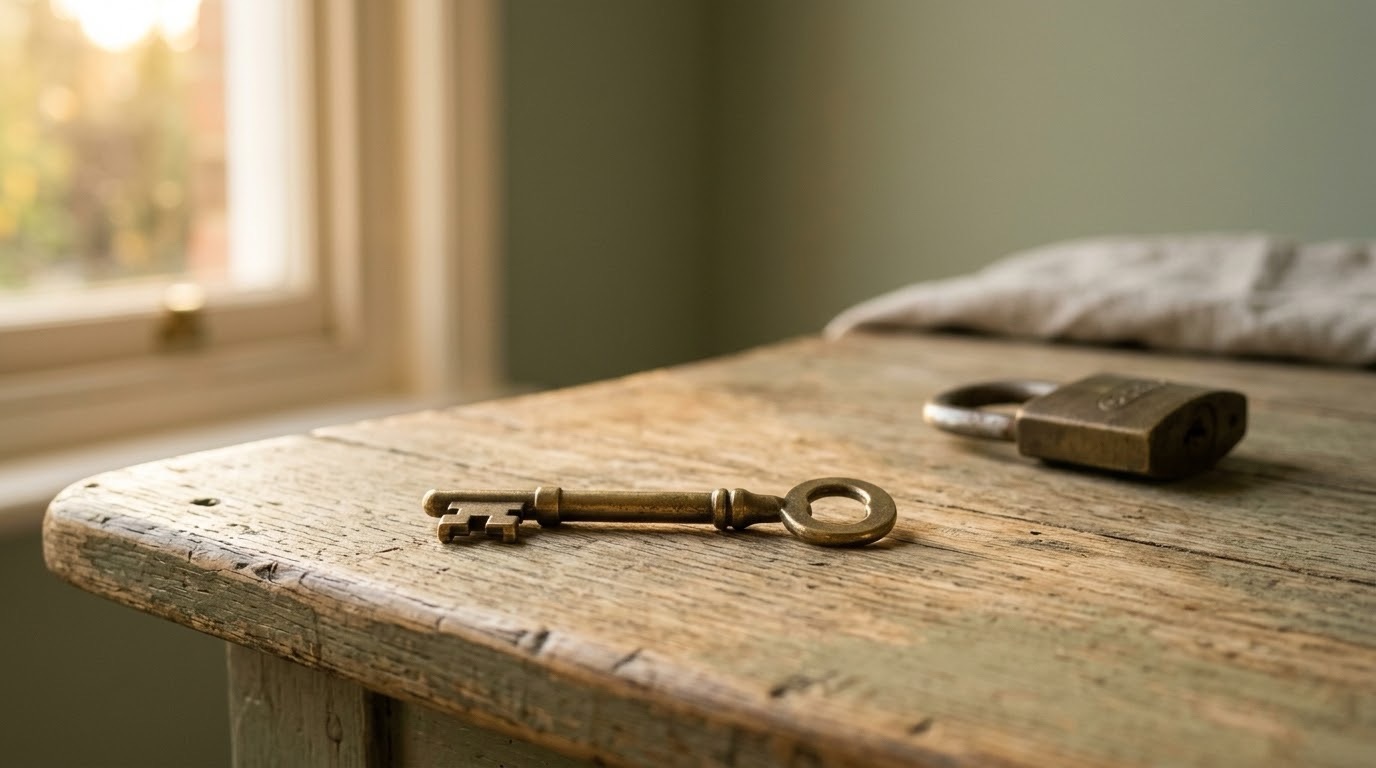 A single key resting on an old wooden table beside a soft-focus lock, warm evening light