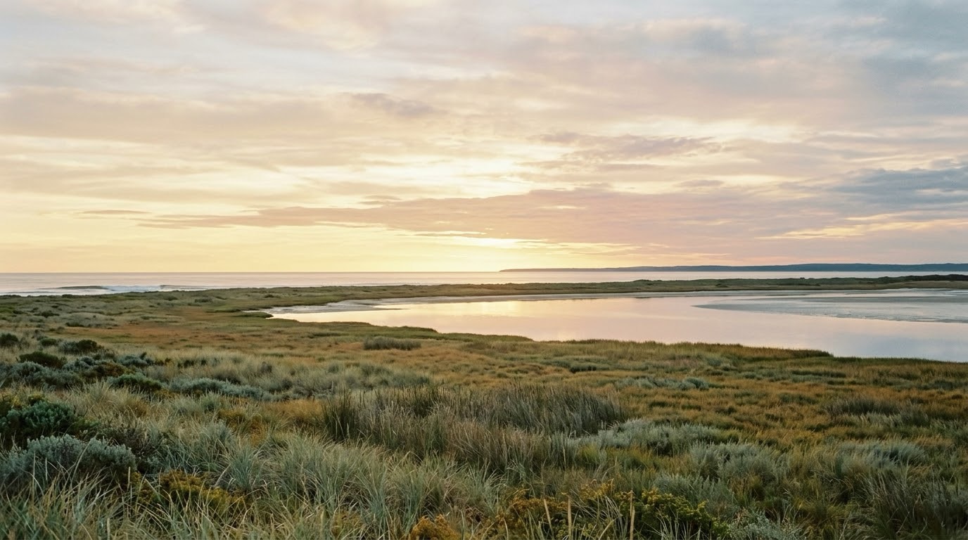 A long, quiet horizon at dawn over an open field, soft morning light