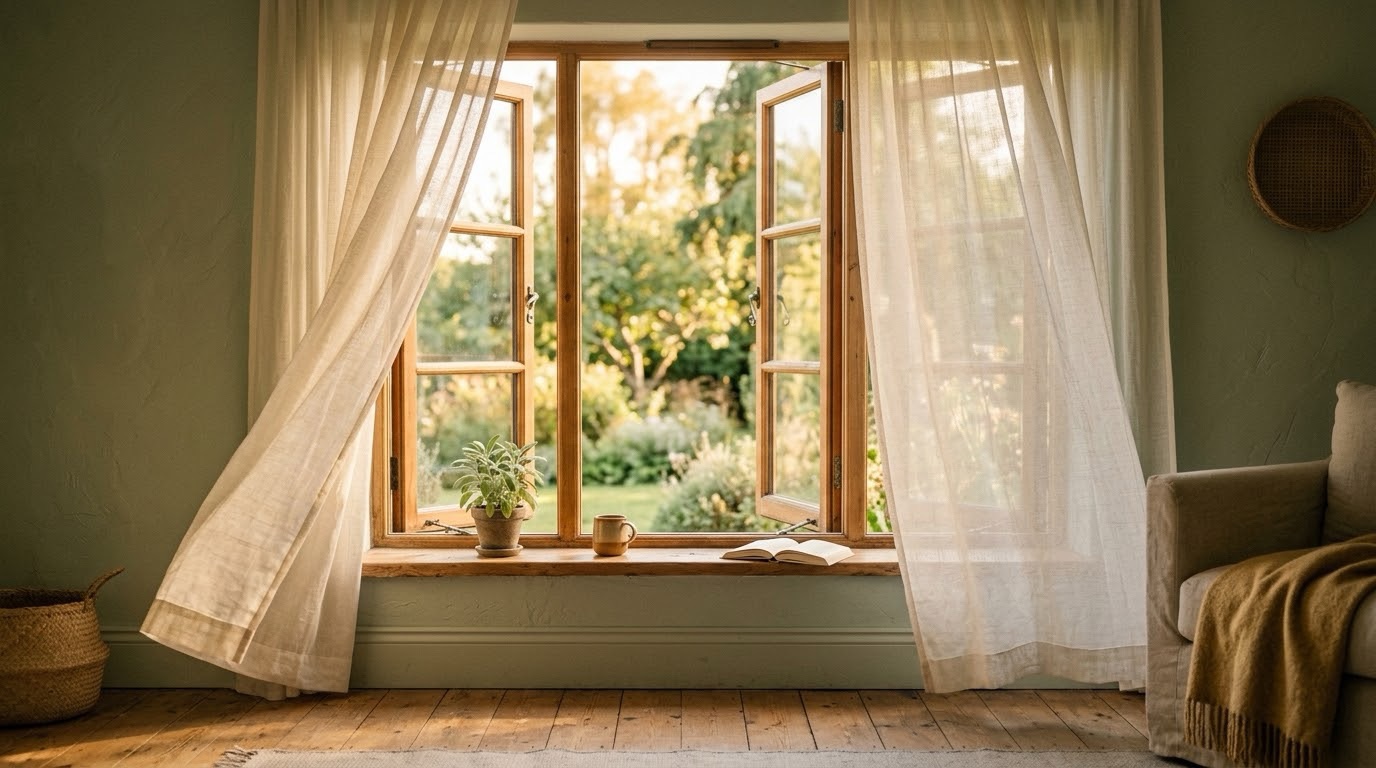 An open window with sheer curtains moving gently in a breeze, warm late-afternoon light