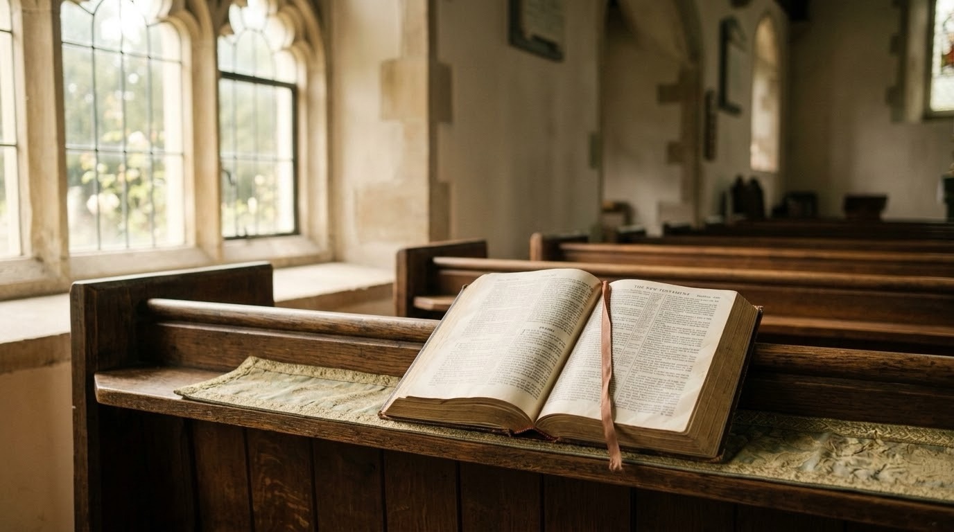 An open Bible resting on a wooden pew in soft natural light streaming through a nearby window