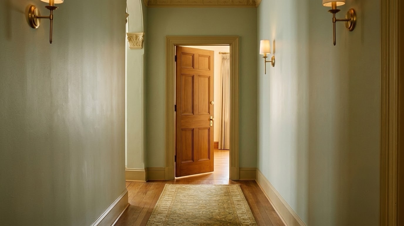 A single closed door standing slightly ajar in a hallway with soft light spilling through the gap