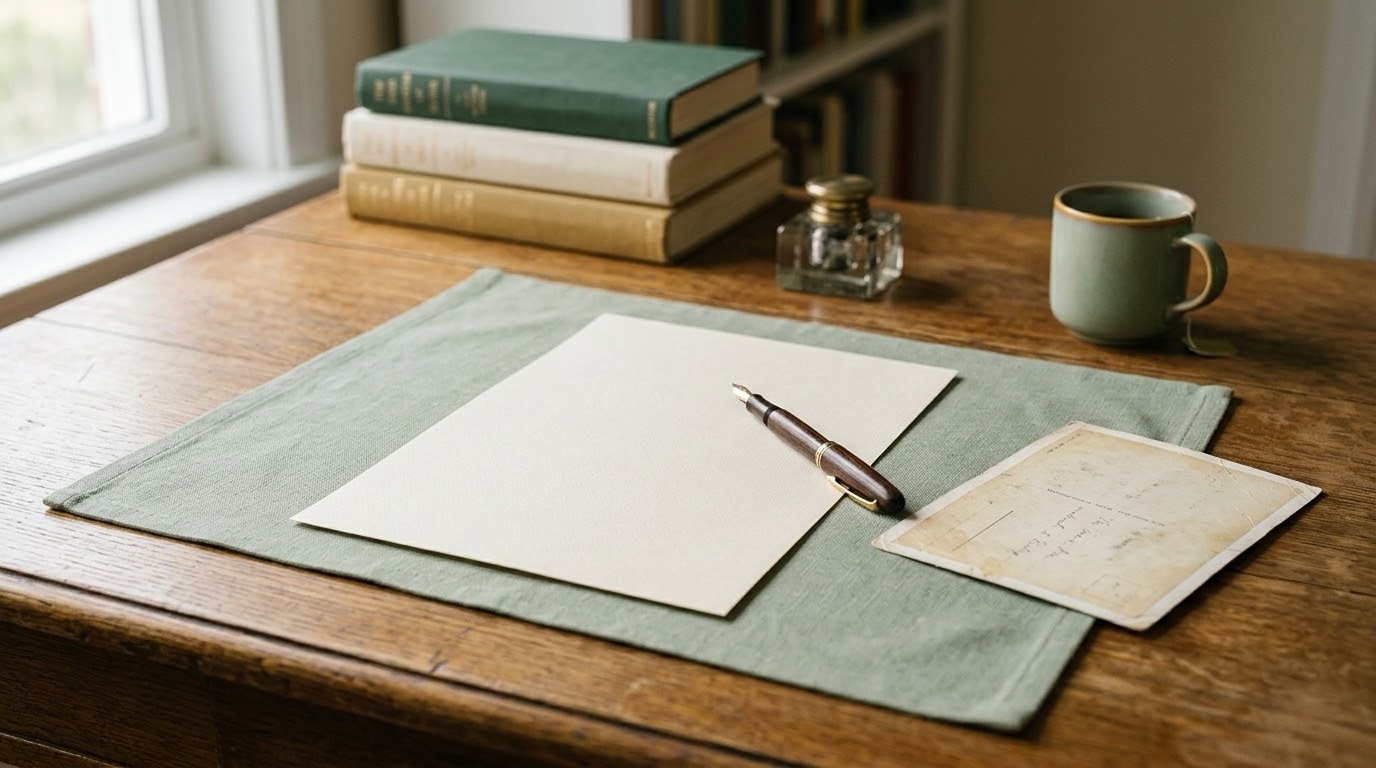 A blank sheet of paper and a fountain pen resting on a wooden desk beside an old photograph turned face-down
