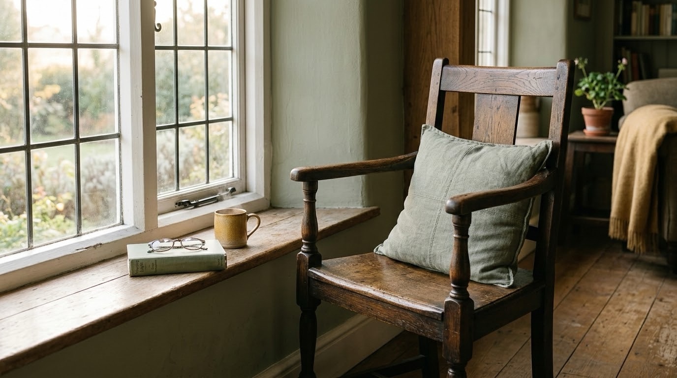 A well-worn wooden chair positioned beside a window with soft morning light