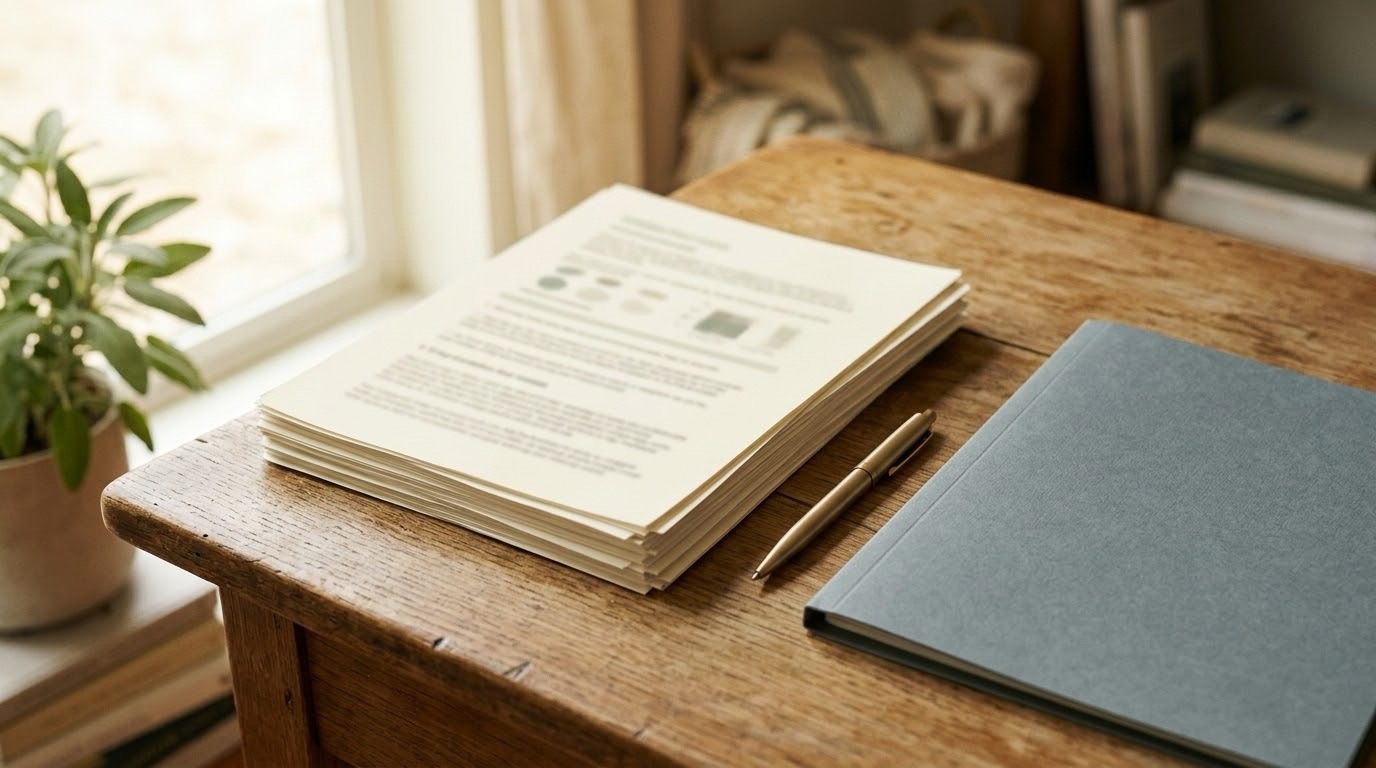 A stack of blurred printed documents and a pen on a desk, representing a clinical trial offer and a genomic report