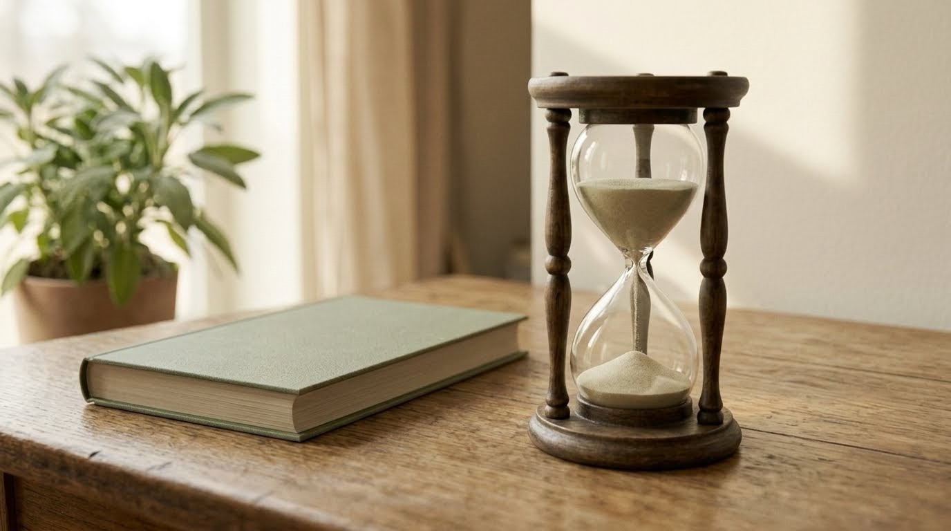 An hourglass beside a closed book on a wooden desk, representing legal protection arriving after harm rather than before it