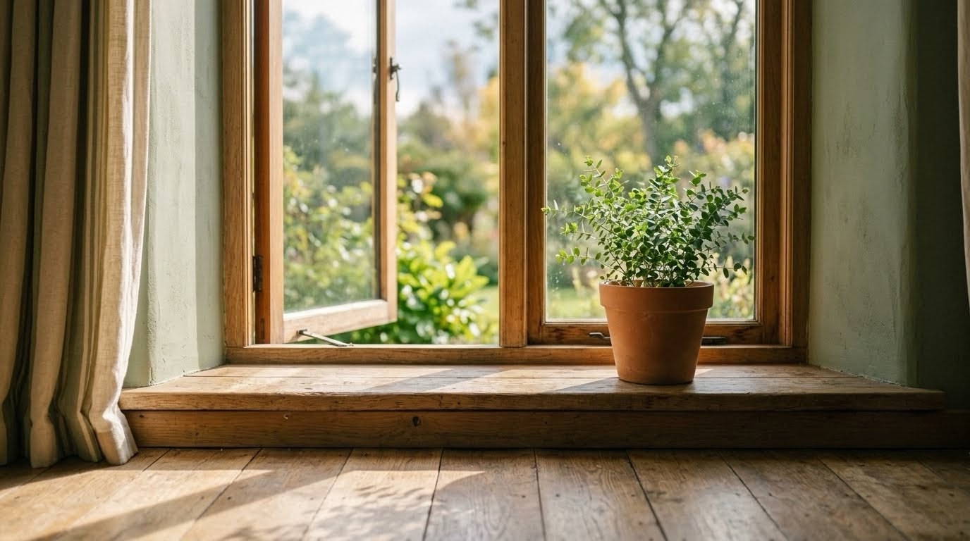 Morning sunlight streaming through an open window with a potted plant, representing natural light as a baseline health input