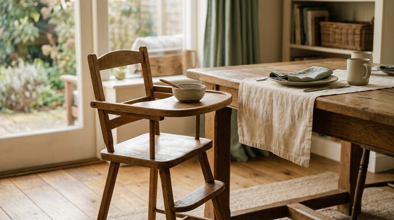 A wooden high chair at a sunlit family table, representing the early environment that shapes a child's sense of normal