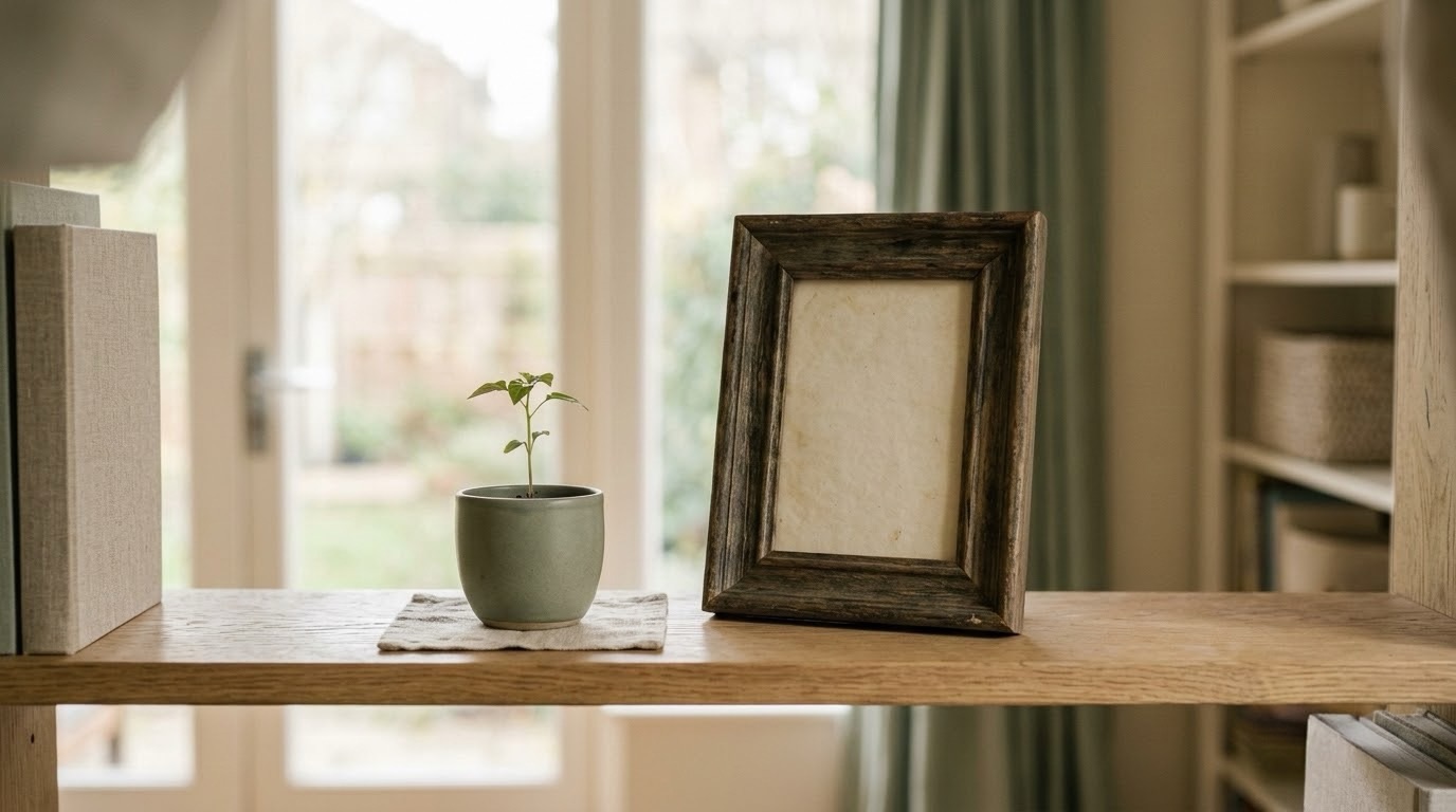 An old wooden keepsake box beside a small potted seedling, representing inheritance and the possibility of a new direction