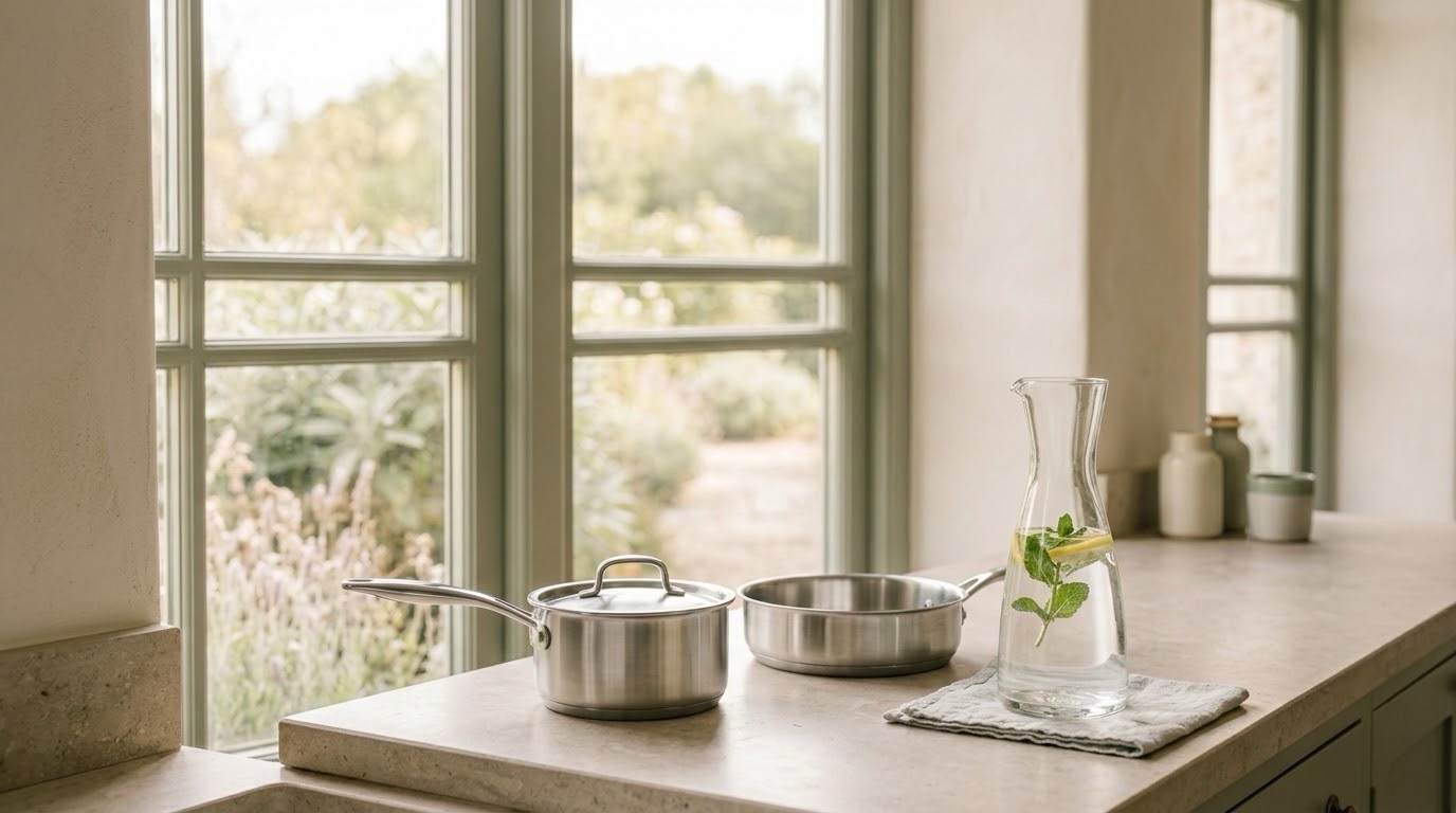 A clean kitchen counter with stainless steel cookware and a glass water pitcher, representing reducing hidden toxins at home