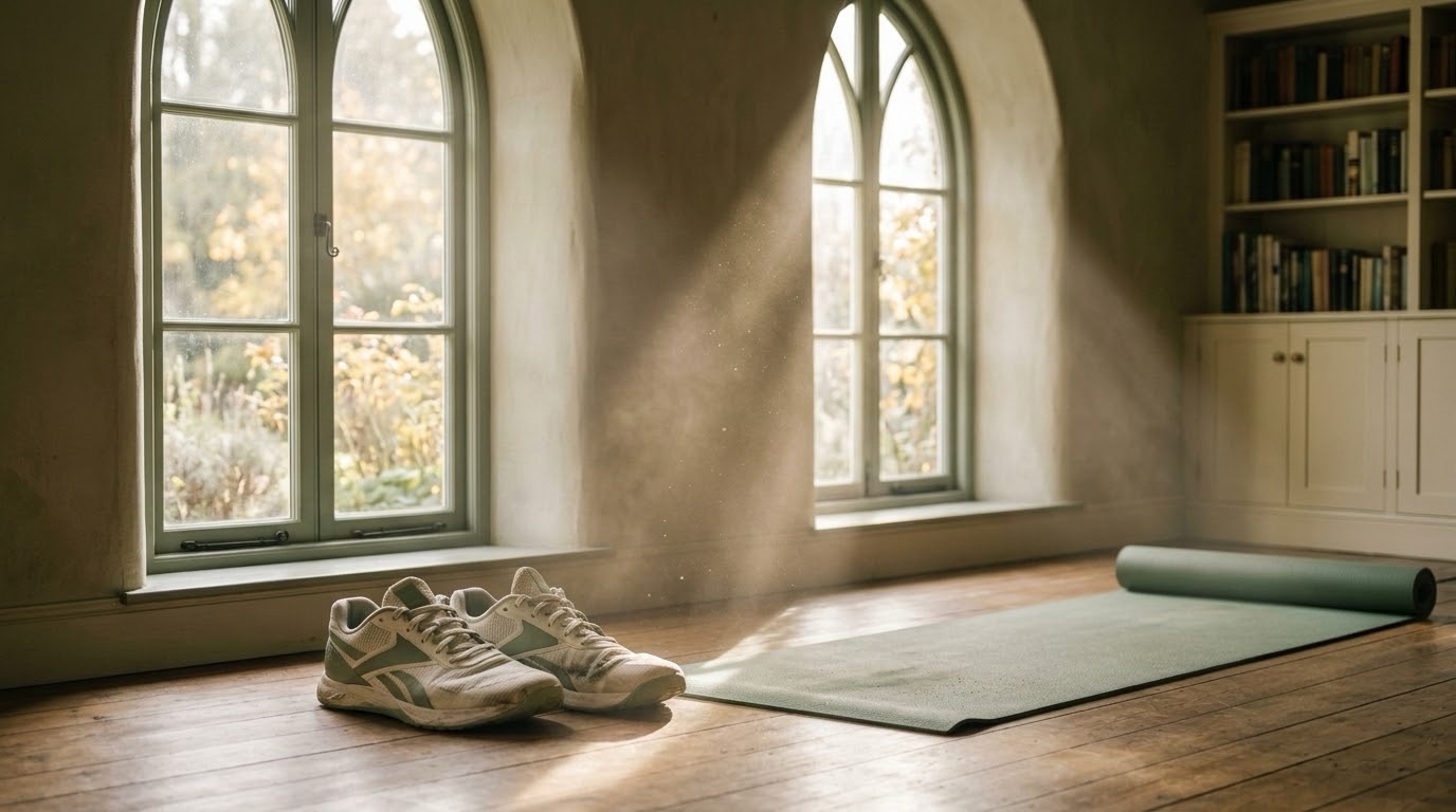 Athletic shoes and a rolled mat resting in a sunlit room with tall arched windows, representing the distinction between mobility and flexibility