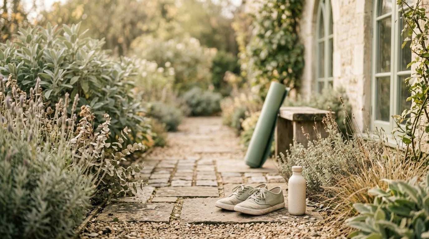 Walking shoes and a rolled mat on a stone garden path, representing an approachable, ordinary version of fitness