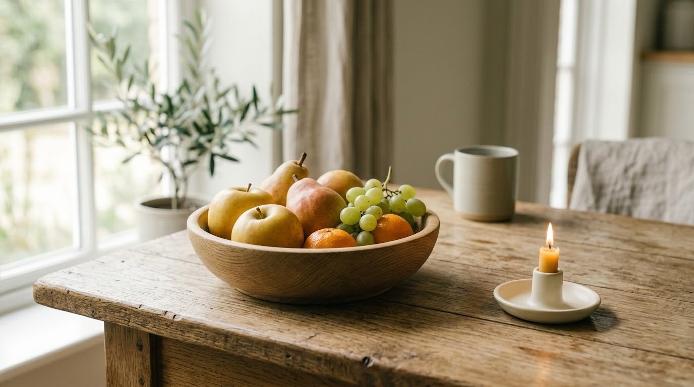 A family table set with fruit and a lit candle, representing grace-filled freedom around food
