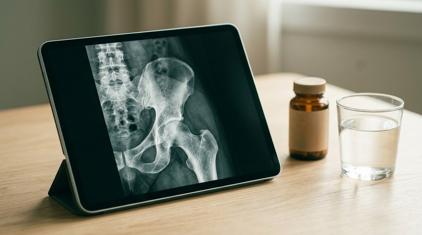 A bone density scan displayed on a tablet beside a pill bottle and glass of water on a wooden surface