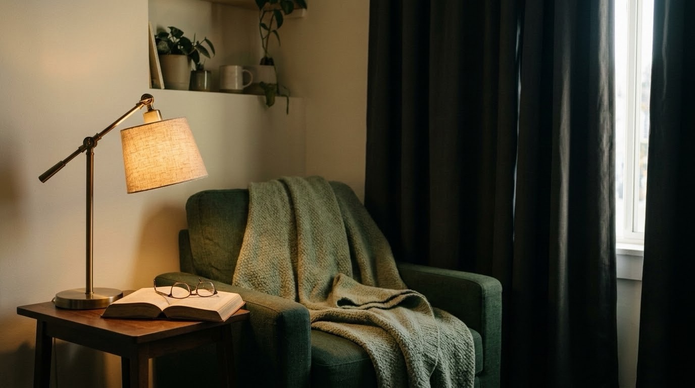 A quiet reading nook with a dimmed lamp, soft blanket, and blackout curtains partially drawn against bright daylight