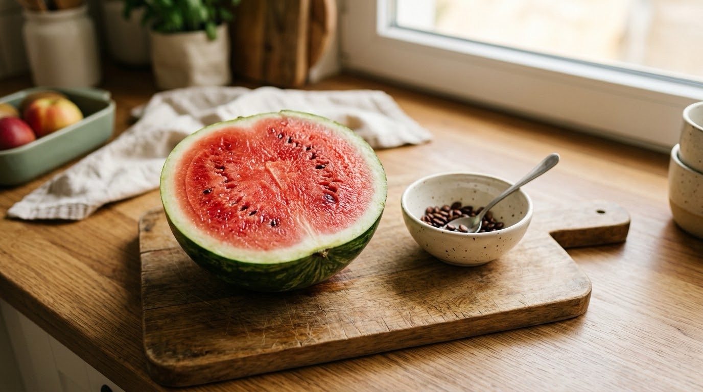 A halved watermelon on a wooden cutting board showing red flesh, white rind, and dark seeds separated in a small bowl