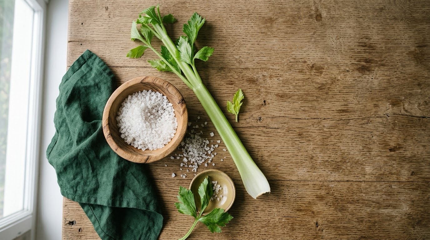 Coarse unrefined salt in a wooden bowl beside a fresh stalk of celery on a warm wooden surface