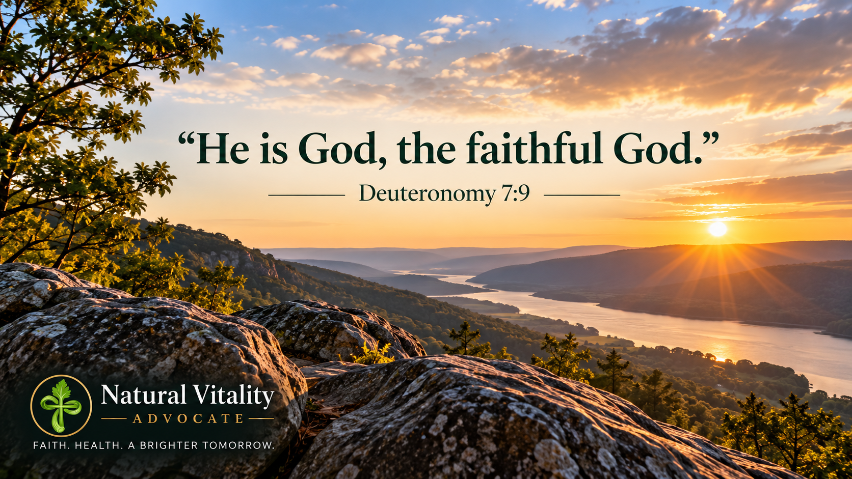 Sunlit river valley at golden hour with Deuteronomy 7:9: “He is God, the faithful God.” and Natural Vitality Advocate branding.