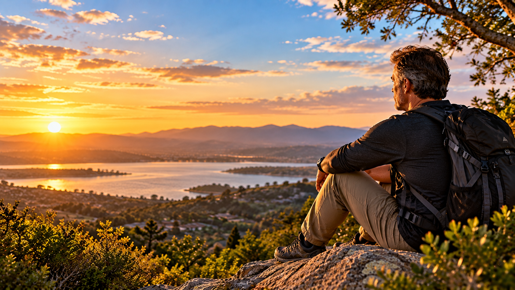 Middle-aged man seated on a rocky overlook at sunset, looking across a lake and mountains, representing life, reflection, and resilience with epilepsy.