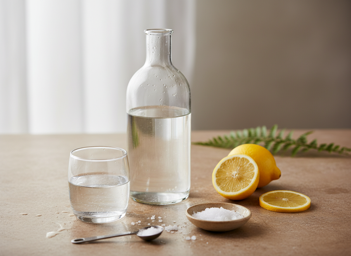 Glass of homemade electrolyte water with lemon and salt on a neutral countertop