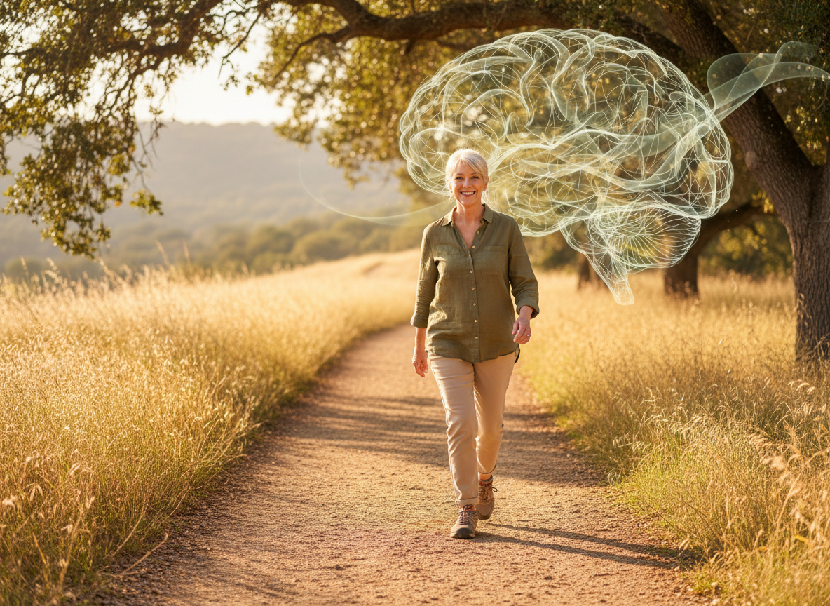 Older adult walking outdoors with a subtle brain motif representing physical fitness and brain health in aging.