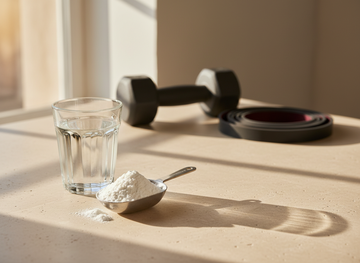 A scoop of creatine powder beside a glass of water and simple strength-training equipment.