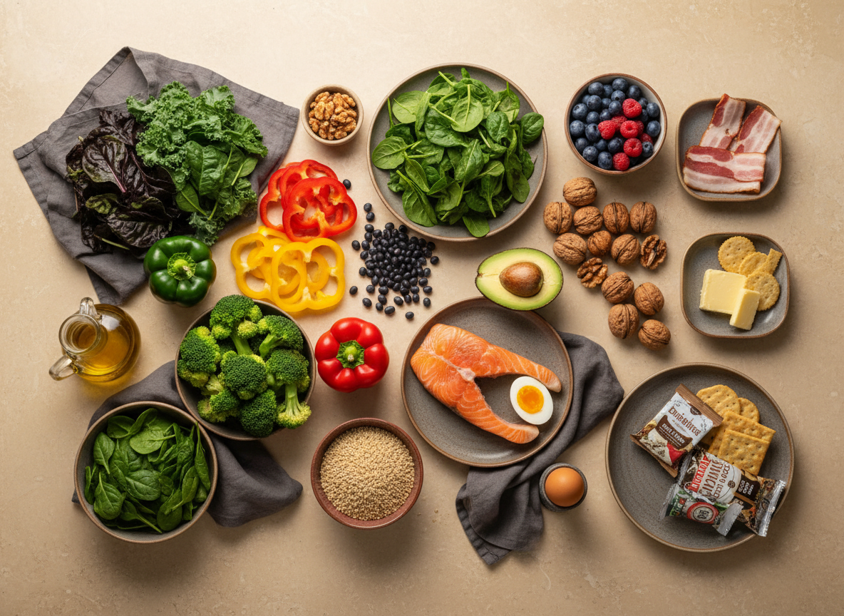 Whole-food low-carbohydrate ingredients beside a smaller selection of highly processed foods.