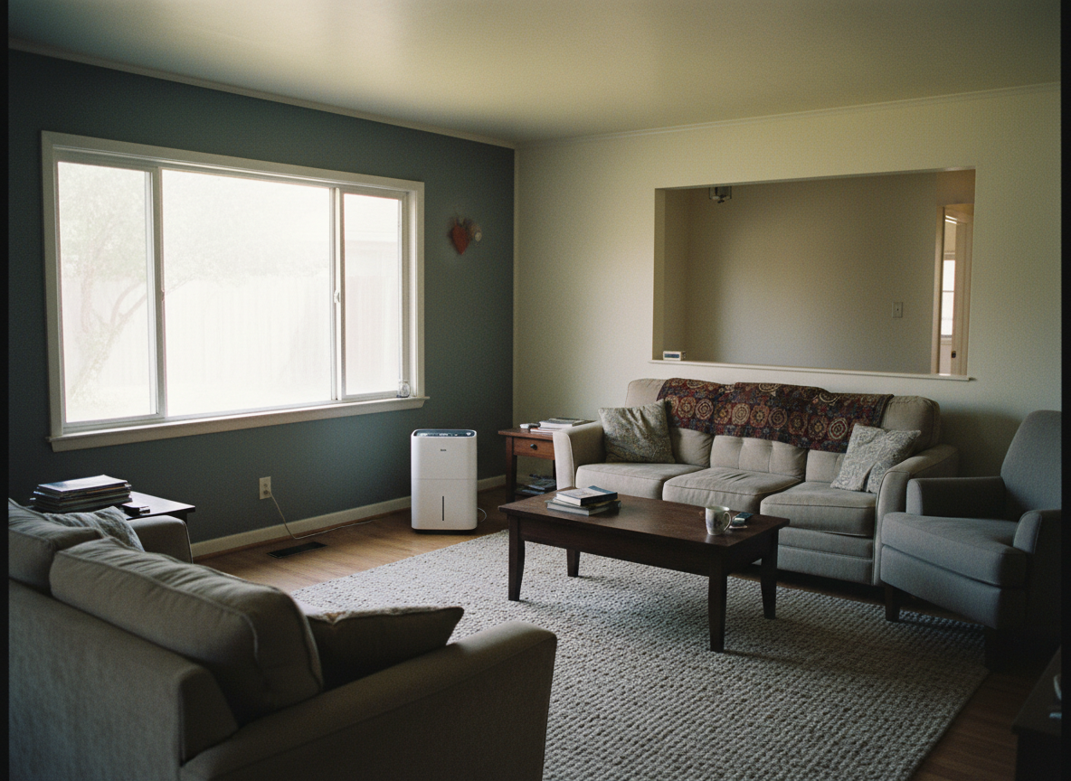 A naturally lit living room with a portable air cleaner placed away from the window.