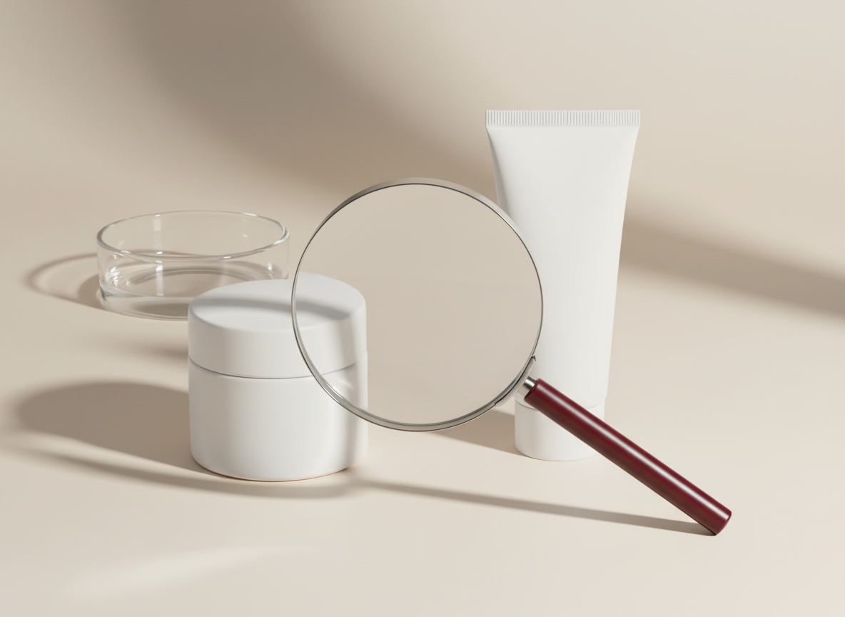 Blank skin cream containers examined with a magnifying glass for hidden ingredients
