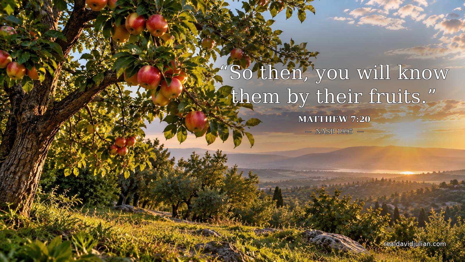 Matthew 7:20 NASB 1995 — So then, you will know them by their fruits — displayed over a scenic orchard landscape.