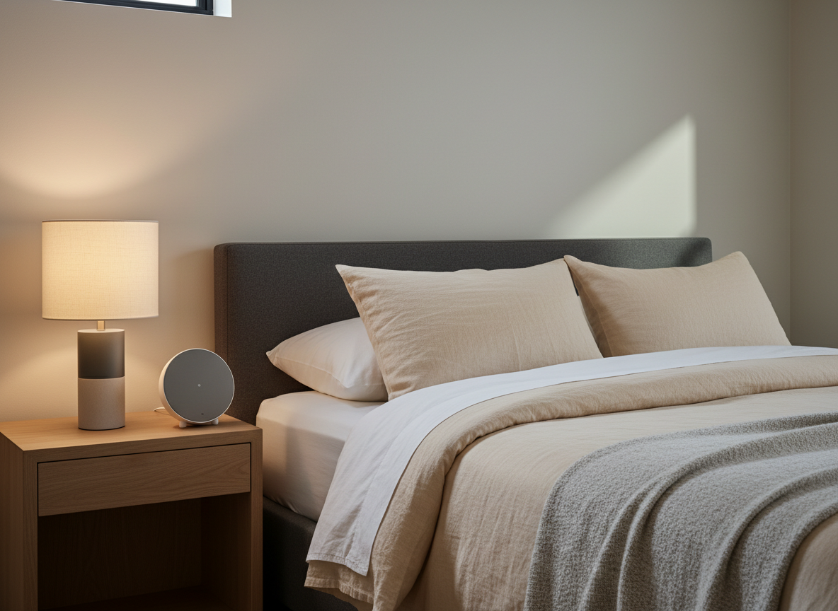 Quiet bedroom with bedside sleep monitor and warm lamp lighting