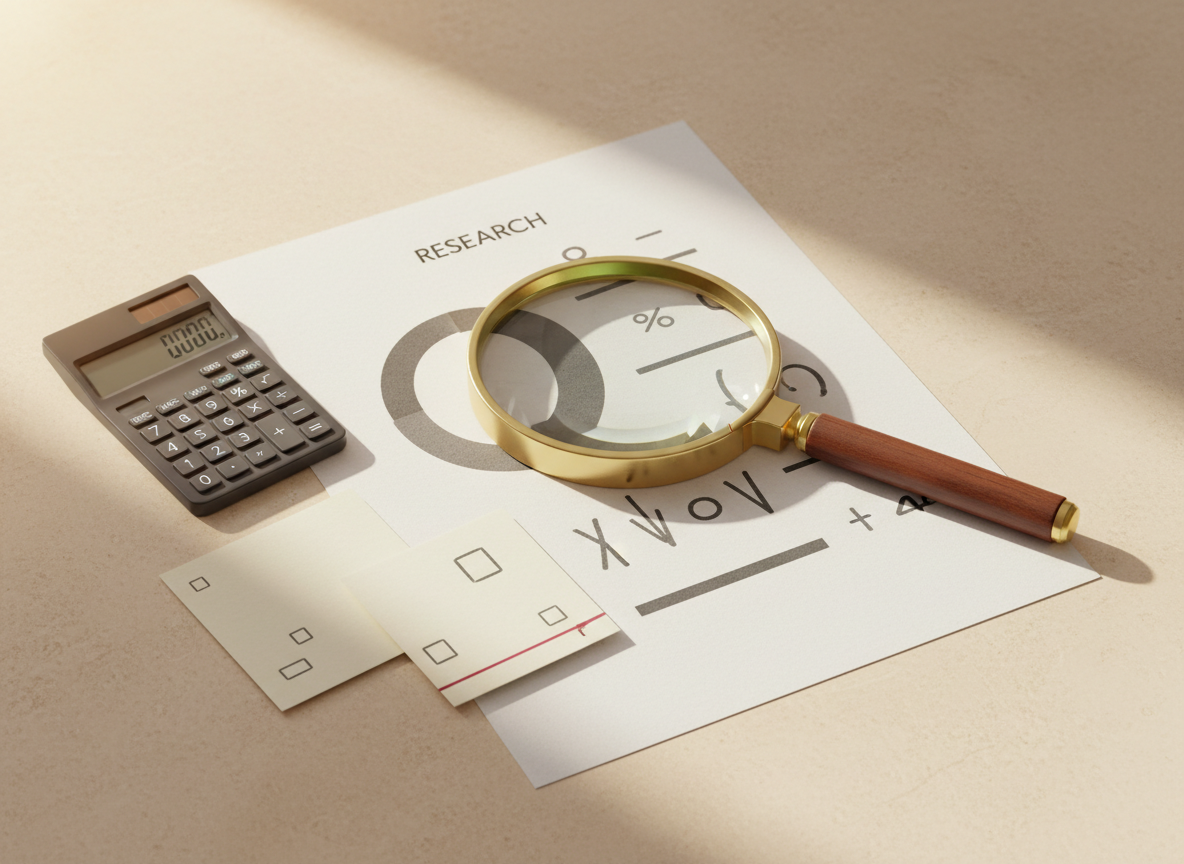 A magnifying glass and calculator beside an abstract health research chart.